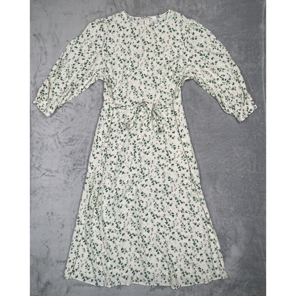Uniqlo Green Floral Large Long Sleeve Button Up Dress w Tie Waist